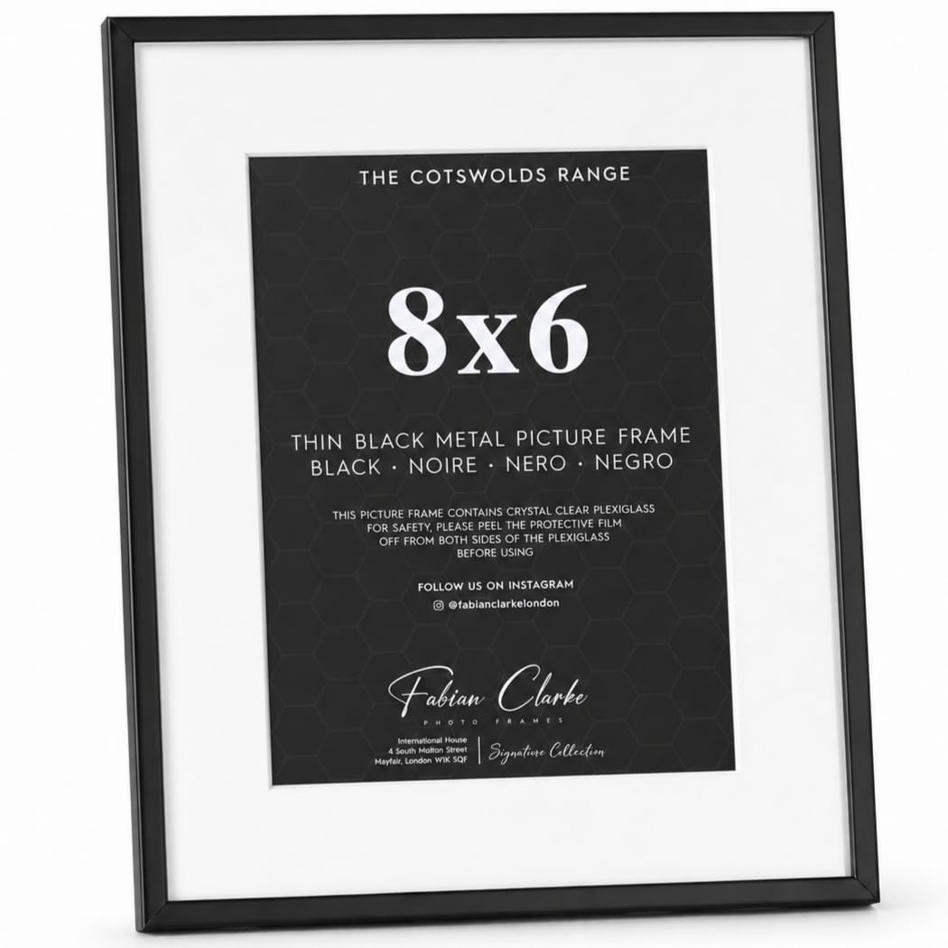 Fabian Clarke Cotswolds Thin Black Metal Picture Frame with White Mount, Shatterproof Plexiglass, Freestanding & Wall Mounted Photo Frame, Modern Picture Frame (8x6)
