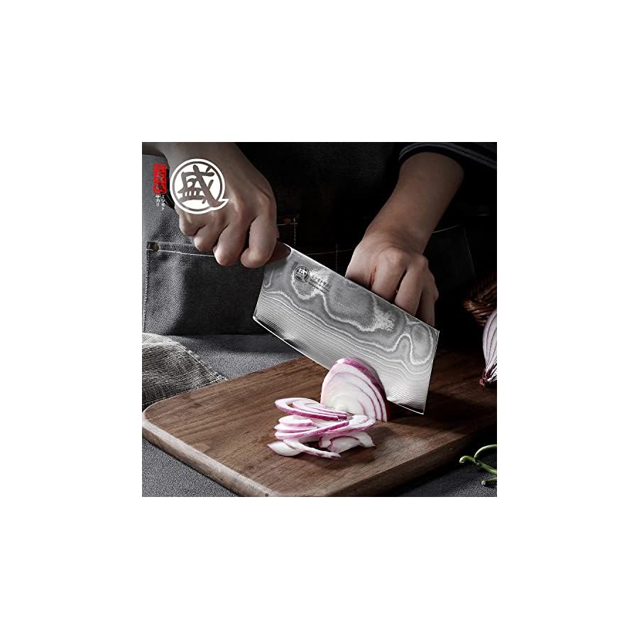 MITSUMOTO SAKARI 7 inch Japanese Cleaver Knife, AUS-10 Damascus Steel Meat Cleaver, Traditional Hand-Forged Chef Knife, Kitchen Knife for Cutting or Slicing (PakkaWood Handle & Sandalwood Box)