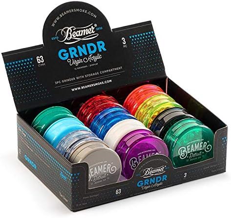6 Pack - Beamer 3-Piece 63mm Acrylic Grinder, Detroit Logo - Transparent Blue + Beamer Sticker