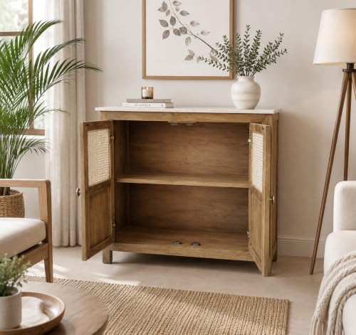 Image of The Attic Crestwood Solid Wood Two Door Sideboard Cabinet with Cane Doors | Storage & Display Cabinet for Living Room & Dining Room | Handcrafted Mango Wood, Light Teak Finish