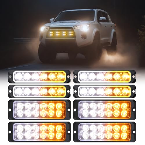AUTOUTLET 8pcs Warning Strobe Lights, 6/12 Amber & White Emergency Vehicle Lights, 14 Flash Modes & Easy Install for TRUCKS, LORRYS, TRACTORS, FORKLIFT etc