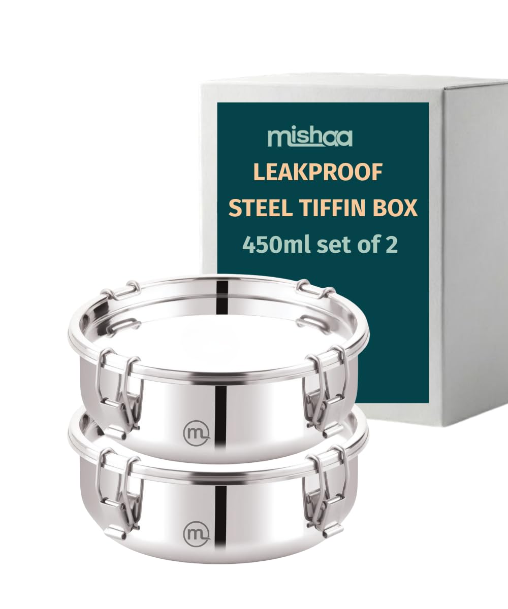 Mishaa Steel Leakproof Tiffin/Lunch Box, Airtight & Spill-Proof Container for Curry & Liquid Items, Steel Lunch Box for School, College & Office, Suitable for Men, Women & Kids (450ML + 450ML)-image-44