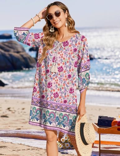 Image of Zeagoo Womens Boho Dresses Casual Beach Summer Dress Tassel Tie Neck 3 /4 Long Sleeve Mini Sundress 2026 Floral Print Cover Up