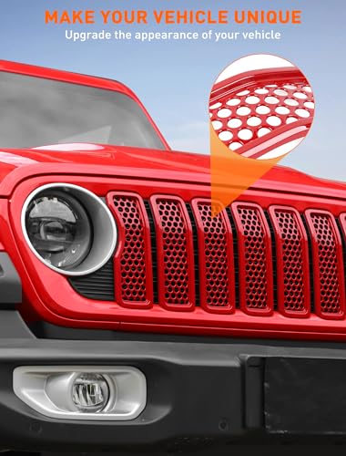 Image of Savadicar Front Grill Inserts for 2024-2025 Jeep Wrangler JL JLU 4XE & Gladiator JT - Elevate Your Wrangler's Aesthetics with Front Mesh Grille Cover Guard, Exterior Trim Accessories, 7 PCs, Red