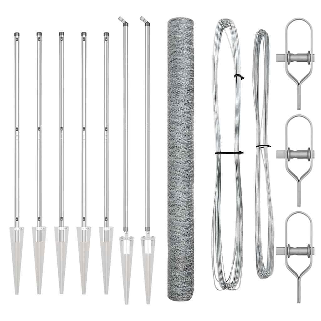Silver Steel Fence Post Set 10 x 1.6 m 50 mm Mesh Outdoor Garden Security Barrier with 14 Spike Posts Corrosion Resistant Easy Assembly