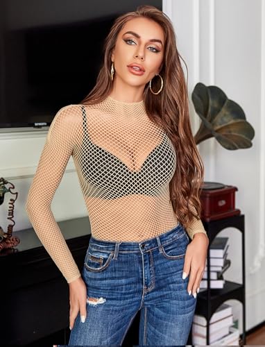 Image of Avidlove Women's Sexy Fishnet Mesh Long Sleeve Tops Mock Neck Sheer Lace See-Through Blouse Bodycon Clubwear Party Tops