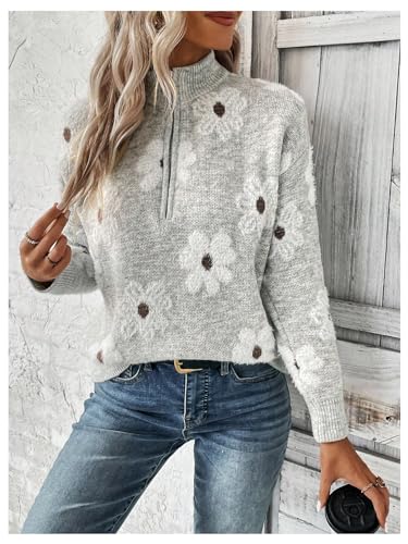 SOLY HUX Women's Floral Pattern Sweater Half Zip Drop Shoulder Long Sleeve Pullover Tops4