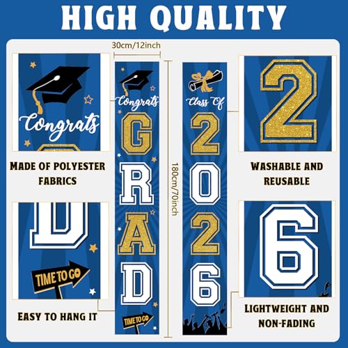 Image of Graduation Banner 2026 Graduation Decorations Blue and Gold Grad Banner Porch Sign Class of 2026 Door Decor Congrats Hanging Backdrop Blue Gold Grad Party Decor for School Congratulations Supplies