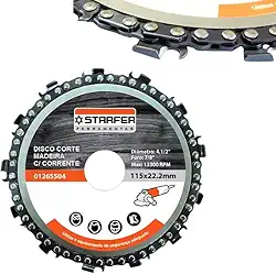 Disco de Corte 4.1/2' com Lâmina Corrente Motosserra para Madeira Esmerilhadeira 13 Dentes Starfer 13300RPM