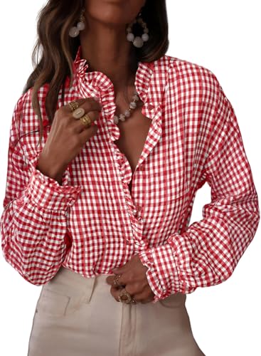 Astylish Womens Dressy Casual Button Down Shirts Ruffle Long Sleeve V Neck Checkered Work Blouse Business Casual 2025 Fall Blouse Tops Fiery Red Medium