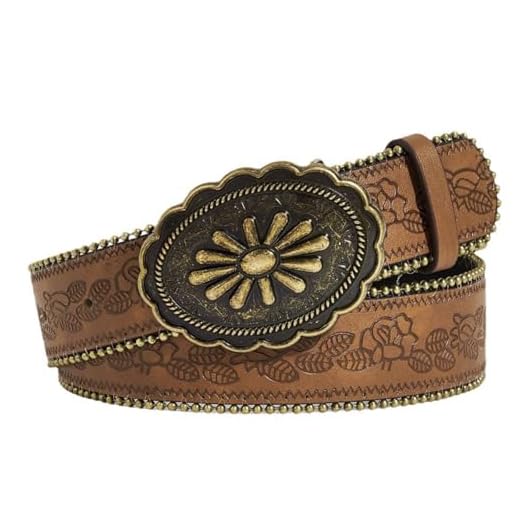 Choleeki Cinto feminino Western Cowgirls de couro marrom para jeans, calças, vestidos masculinos, cinto country com fivela vintage, Flor, L:31''-41''