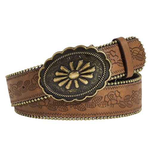 Western Cowgirls Belt for Women Brown Leather Belts for Jeans Pants Dresses Men Country Belt with Vintage Buckle