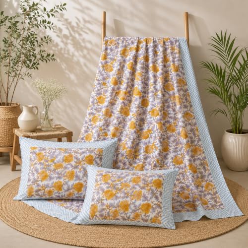 Image of Premium Bedsheet with 2 Pillow Covers I Hand Block I Pure & Soft Percale Cotton I 300 TC I 90x108 inches (King Size Double Bed Luxury Bedcover) I Floral Pattern I Sunshine Yellow