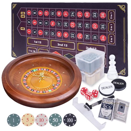 Wooden Roulette Wheel Set 20 Inch Solid Wood Roulette Wheel With Retractable Chip Rake200 Chips Roulette Marker 2 Decks of Cards 3 Dices 1 Dealer Button Win Marker 6 Roulette Balls 1 Storage Bag