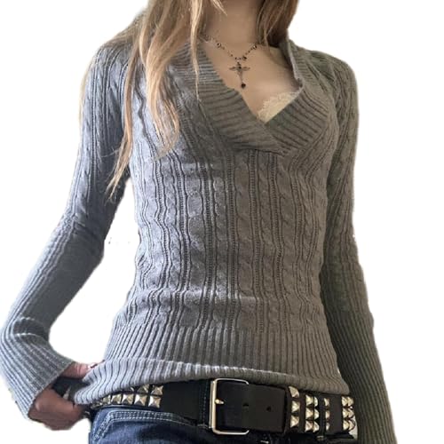 Women Rib Knit Long Sleeve Crop Tops Vintage V-Neck Hooded Knitwear Blouses Top Retro Pullover Sweater Top Streetwear