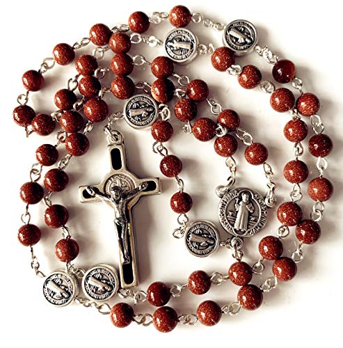 elegantmedical Handmade Gold Sandstone Rosary Beads St. Benedict Rosary Catholic Necklace Crucifix Cross Jerusalem