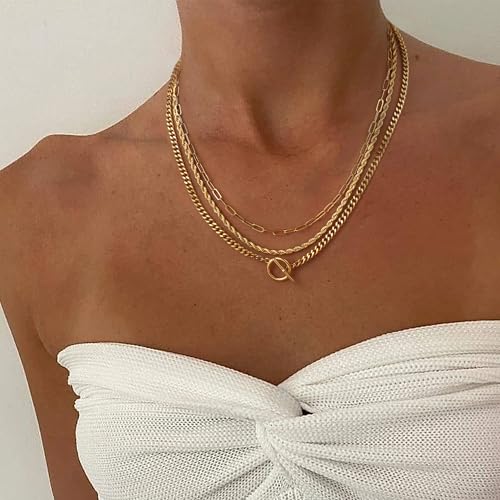 Gold Plated Necklaces for Women - Dainty Layered 14K Gold Plated Stack Paperclip Rope Cuban Toggle Link Chain Choker Necklace Set Chunky Trendy Jewelry Gift4