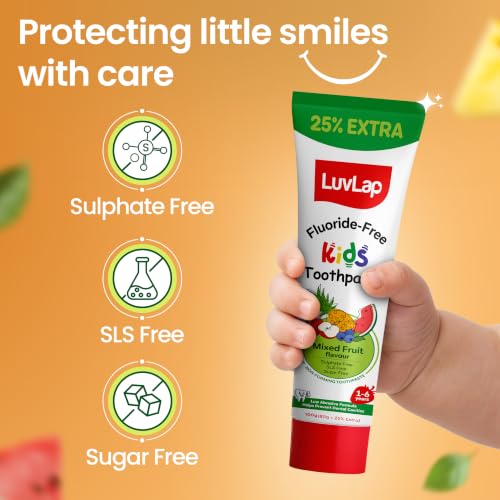 Image of LuvLap Baby Toothpaste for Kids 80gm + 25% Extra, Mix Fruit Flavour, SLS & Fluoride Free Baby Toothpaste, Removes Plaque, Prevents Bacteria & Cavities, Ensures Healthy Teeth & Gums, 12M+(Pack of 1)