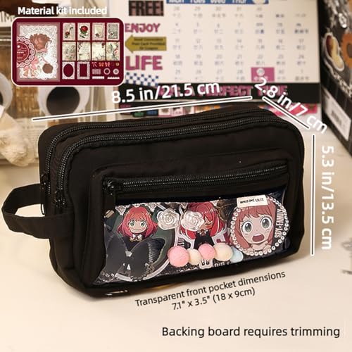MILLEVIBE ITA Pencil Pouch Anime Display Pen Case Stationery Bag with Clear Insert & Stickers for Teens College Students (Black)