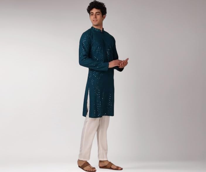 LookMark Menโs Printed Pure Rayon Kurta with Mandarin Collar, Full Sleeves, Straight Fit Traditional Ethnic Wear
