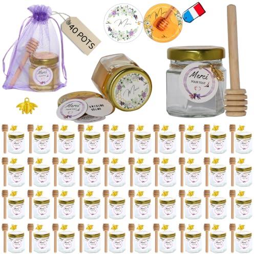 Petits Pots, Mini Pots de Miel en verre (Pack de 40 ) Étiquettes en français et cartes personnalisables, Cuillères en Bois... Parfait Cadeau pour invités...