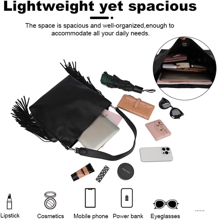 Black Faux Leather Hobo Shoulder Bag with Tassel, Stylish Purse & Handbag for Women, Lightweight Large Tote with 2PC - Image 5