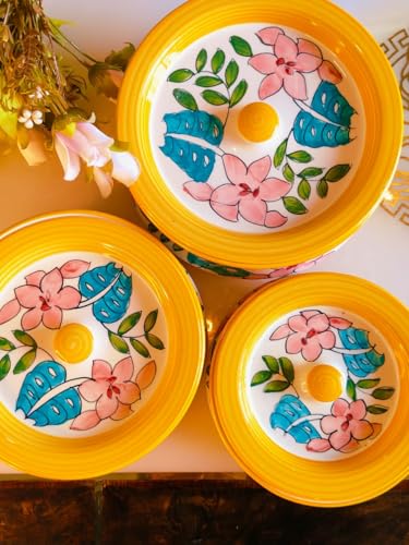 Image of Niyara Handcrafted Ceramic Casserole Set of 3 with Lids | Yellow Floral Printed Multipurpose Serving Bowls | Ideal for Curry, Rice, Dal, Snacks & Dinner Table | Microwave & Dishwasher Safe