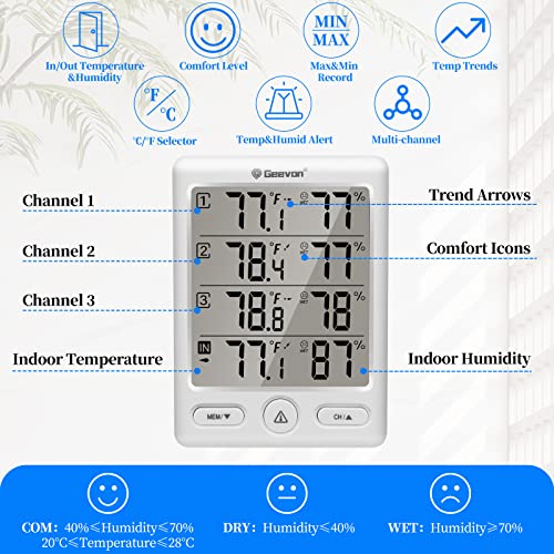 Geevon Indoor Outdoor Thermometer Wireless With 3 Remote Sensors, Digital Hygrometer Indoor Thermometer, Temperature Humidity Monitor Gauge With 200Ft/60M Range (White) #TOP3