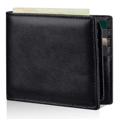 Mens Wallet Genuine Leather Bifold RFID Blocking Wallet for Men with 2 ID Windows 12 Card Holders 2 cash pockets 1 Gift Box