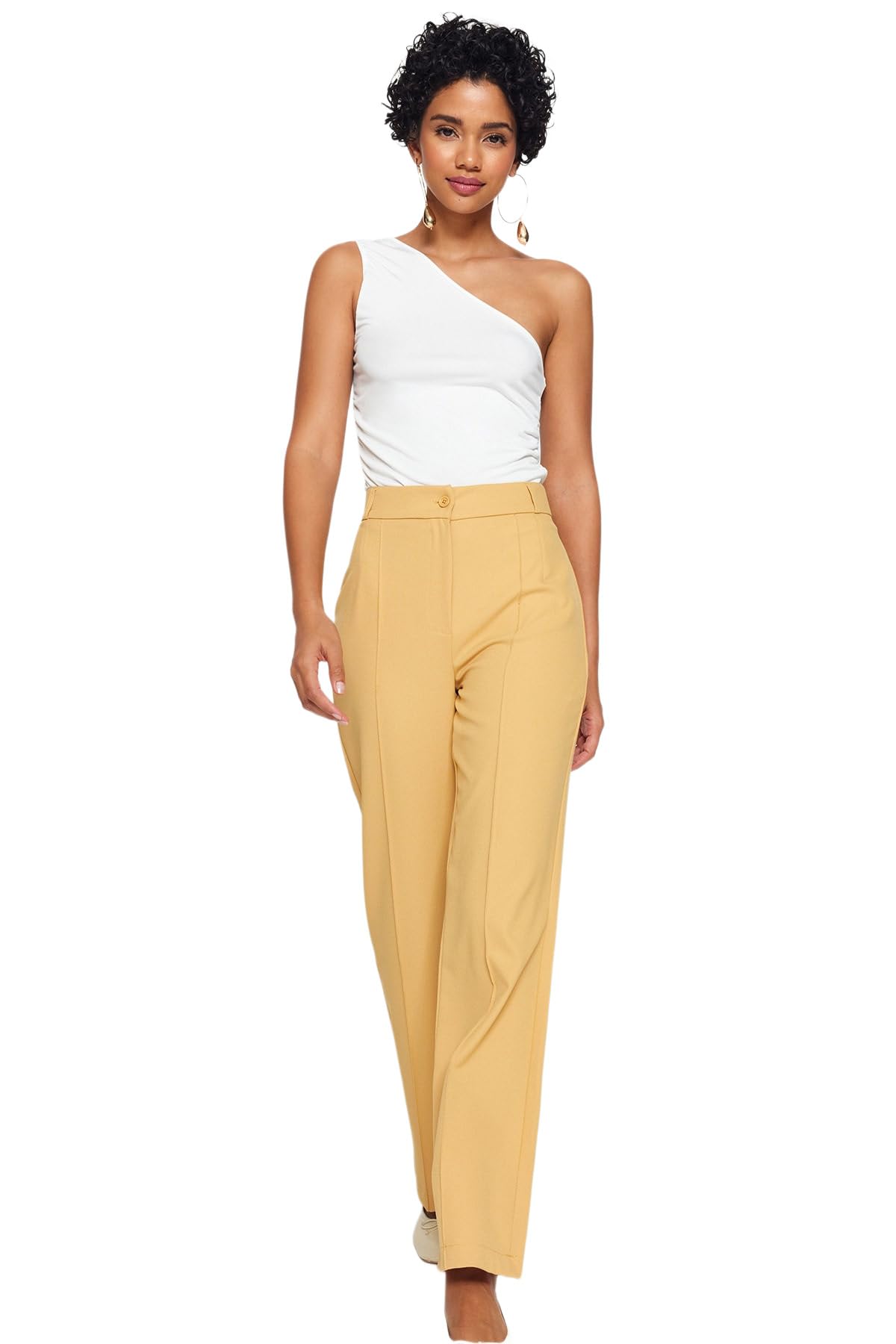 Trendyol Pantalones Rectos de Cintura Alta para Mujer, marrón Claro, 34