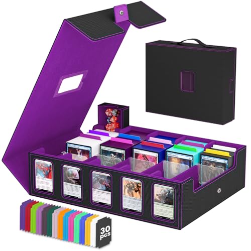 Image of Trading Card Storage Box, 5 Row Card Deck Case with Commander Display & Portable Handle, 4200+ Card Deck Boxes Compatible for MTG TCG Magic Cards, 30 Divider, 8 Supporters, 1 Dice Tray(Black & Purple)