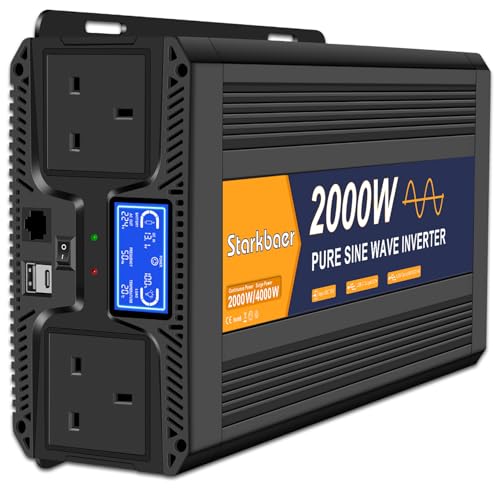 Starkbaer 2000W Pure Sine Wave Inverter 12V to 240V/230V Converter Car Power Inverter, with 2 UK G sockets & 2 USB​, 5m Remote Controller, LCD Display, for RV, Camping, Emergency, Truck, Off-Grid