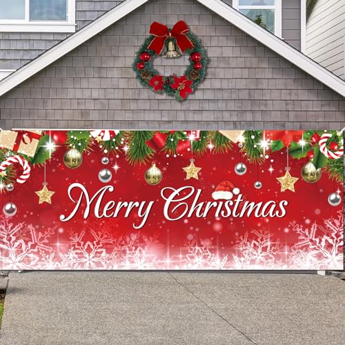 Christmas Garage Door Cover 7 x 16 FT Christmas Garage Door Banner Decoration Fabric Winter Red Ball Snowflake Backdrop for Xmas Outdoor New Years' Party Decor(Lettering Style)