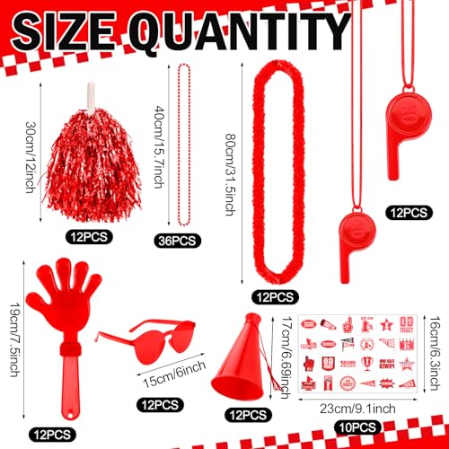 Soulchen 360 Pcs Red Team Spirit Accessories Bulk Field Day Accessories Pep Rally Color War Camp Spirit Events Party Items Cheerleading Pom Poms Clappers Thunder Stick Whistle Megaphone - Image 3