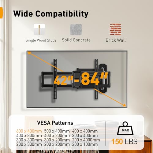 Image of Perlegear Corner TV Wall Mount Long Arm TV Mount for 42-84 Inch TVs up to 150 lbs - Full Motion Wall Mount Single Stud with 37.2 inch Extension