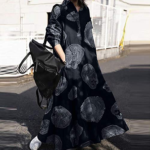 Fantercy Vestido longo feminino de algodão vintage com anéis de árvore padrão gola virada para baixo