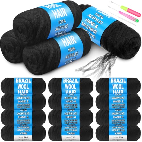 Knitgrip 16 Roll Natural Black Brazilian Wool Hair Acrylic Yarn for African Crochet Braiding Hair Senegalese Twisting Knitting Hair Braids Jumbo Braids Faux Locs Spiral Braids