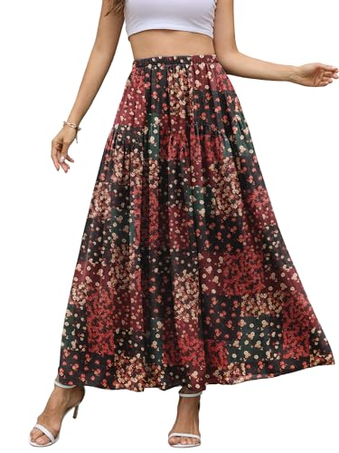 NASHALYLY Chiffon Maxi Skirt for Women A-Line High Waisted Elastic Floral Long Skirt(Red Green Floral M)