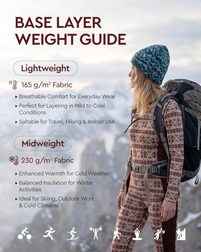 Image of MERINNOVATION Merino Wool Base Layer Set for Women 100% Merino Wool Thermal Underwear Sets Lite - Midweight Top Tank Bottom