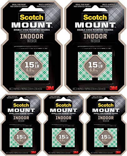 Scotch Indoor Mounting Tape, Holds up to 6 pounds, 1x1 inch, 48 Squares - 5 Pack