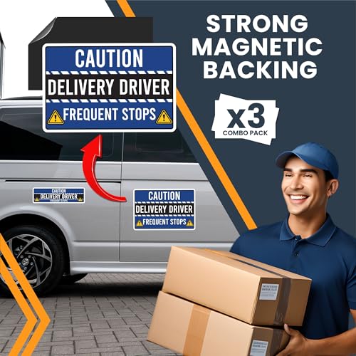 Image of Magnet Me Up Caution Frequent Stops Delivery Driver Automotive Magnet Decal, 3 Pack, Blue /Black, Two 8x12 inch and One 3x10 inch, Automotive Magnet for Car, Flex Delivery Driver, Crafted in USA