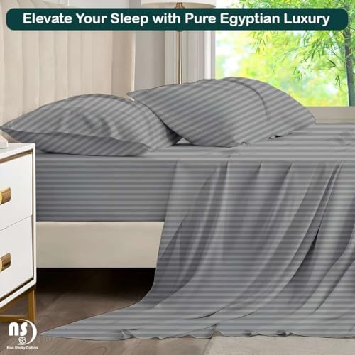 Image of NON Sticky cotton Premium 4 Piece Egyptian Cotton Fitted King Sheet Set, Hotel Quality Soft Breathable Bedding Sheets, 15 inch Deep Pocket, 78 inch X 80 inch, Light Grey Stripe