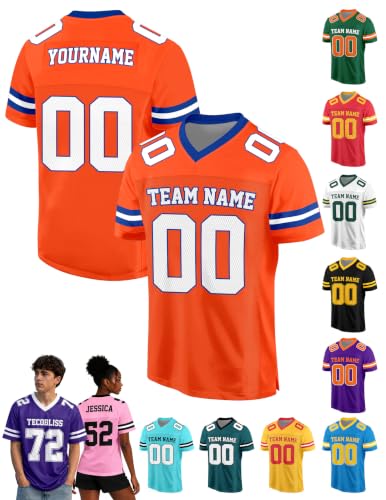 Custom Football Jersey Printed Name Number, Orange Blue, V-Neck Sizes S-5XL