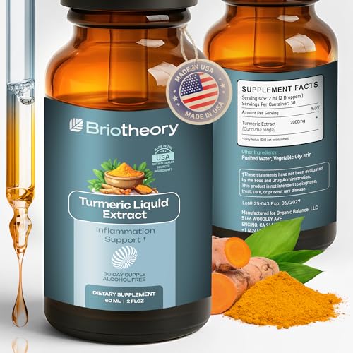 BRIOTHEORY Turmeric Root Extract Tincture Liquid Drops Herbal Supplement for Joint & Muscle Support Antioxidant & Anti-Inflammatory Alcohol-Free Vegan Non-GMO 60 ml (30 Days Supply)