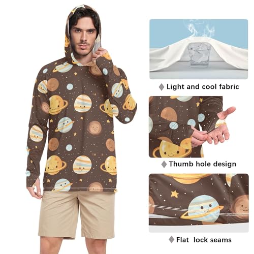 Wudan Cartoon Outer Planets Alphabet Brown Mens Hoodies Shirts Long Sleeve Adult Rash Guards Fishing Shirt UPF 50+ S4