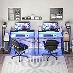 Computer Desk with LED Light and Power Outlet, Small Gaming Desk with Monitor Stand, Reversible Game Table with 2 Side Hooks, Home Office Desk for Living Room, Bedroom, Black DN06UDBB - Image 4