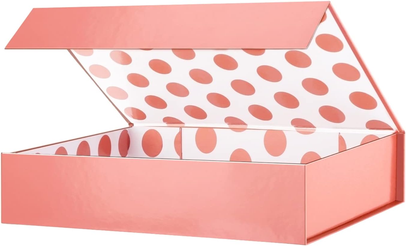 GREEN BEAN 6 Gift Boxes 11x7.8x2.3 Inches, Rose Gold Gifts Boxes with Lids, Magnetic Gift Boxes, Shirt Gift Box for Clothes (Glossy Metallic Rose Gold, Polka Dot Design Inside)