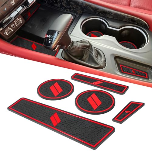 REMOCH Cup Holder Inserts for Dodge Durango Accessories 2021 2022 2023 2024 2025 2026 Center Console Mat Custom Fit Silicone Cup Liners Pads Interior Decoration (5pcs/Set Red)