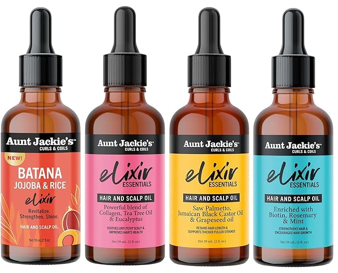 Aunt Jackie's Curls & Coils Elixirs Hair & Scalp Oils Collection – Batana Oil 2oz, Biotin Rosemary Mint 2oz, Collagen Tea Tree Eucalyptus 2oz, Saw Palmetto JBCO Grapeseed 2oz