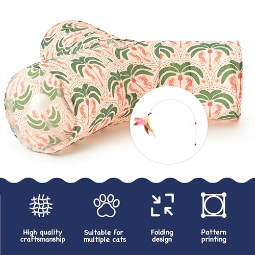 Image of Tempcore Cat Tunnel for Indoor Cats, 3 Way Collapsible Pet Play Tunnel with Teaser Wand, Peek Holes & Hanging Ball, Interactive Tube for Kittens & Rabbits, Khaki Coconut Tree